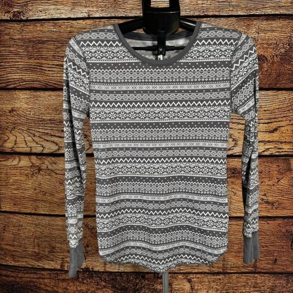Old Navy Womens Grey White Fair Isle Waffle Knit Thermal Long Sleeve Top Medium